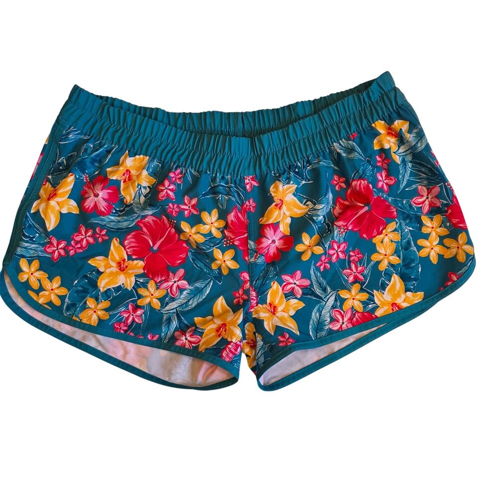 Burnside Women's Tropical Hibiscus Floral Board Shorts Teal Size XL